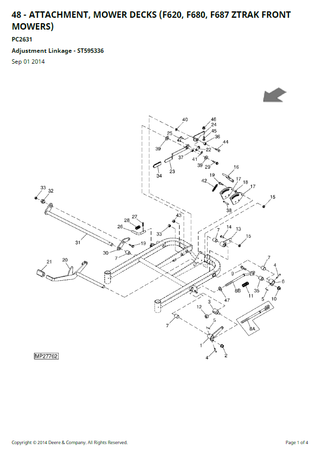 PC2631 John Deere ZTrak Front Mower Parts Catalogue & Diagram Manual
