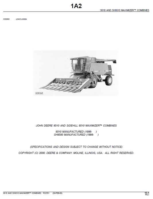 PC2701 John Deere 9510 SideHill Maximizer Combine Parts Manual