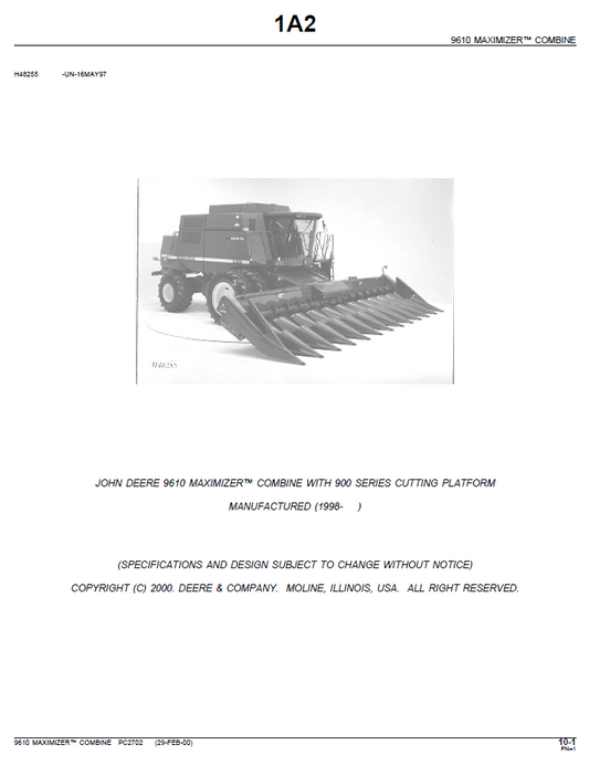 PC2702 John Deere 9610 Maximizer Combine Parts Catalogue Manual