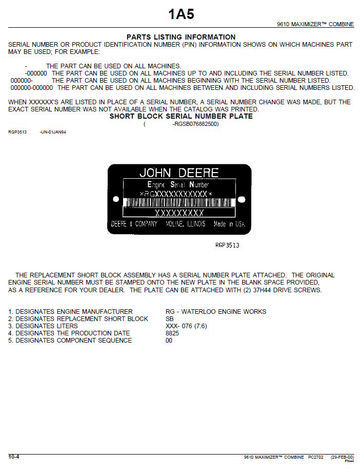 PC2702 John Deere 9610 Maximizer Illustrated Parts Technical Manual