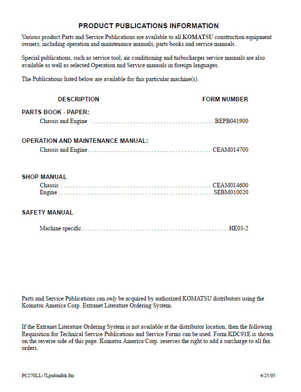 PC270LL-7L Logging Excavator Repair Manual CEBD014600