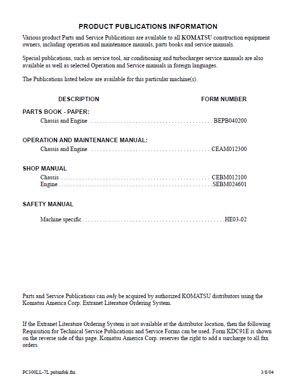 PC300LL-7L Hydraulic Excavator Repair Manual CEBD012100
