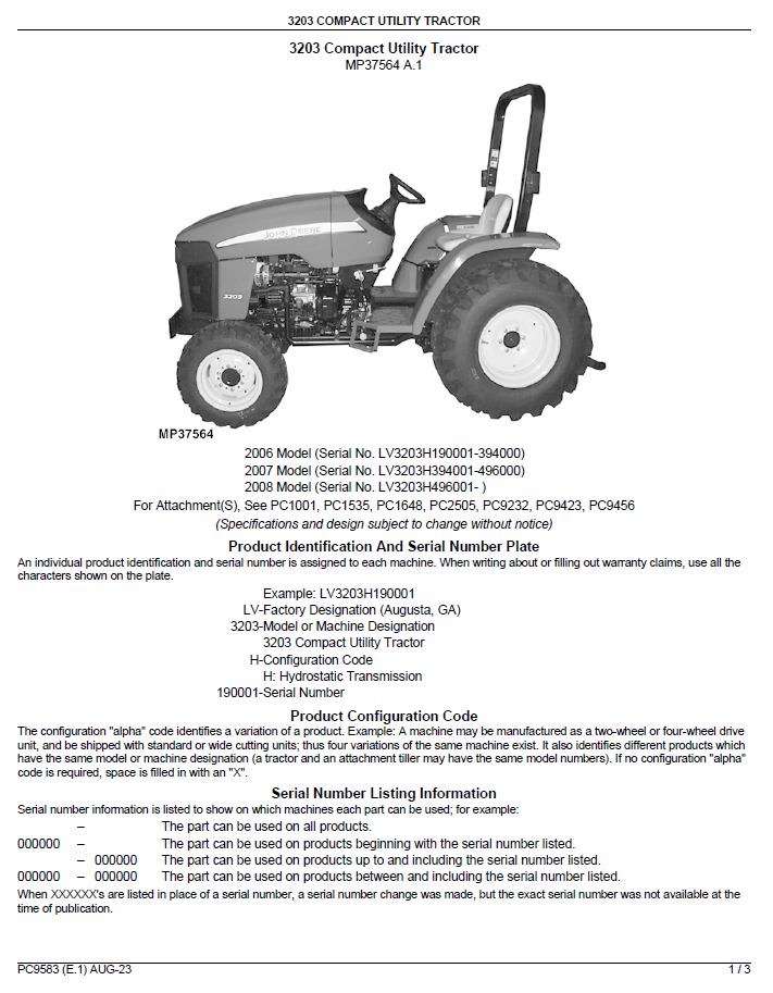 PC9583 John Deere 3203 Compact Tractor Operating & Maintenance Guide