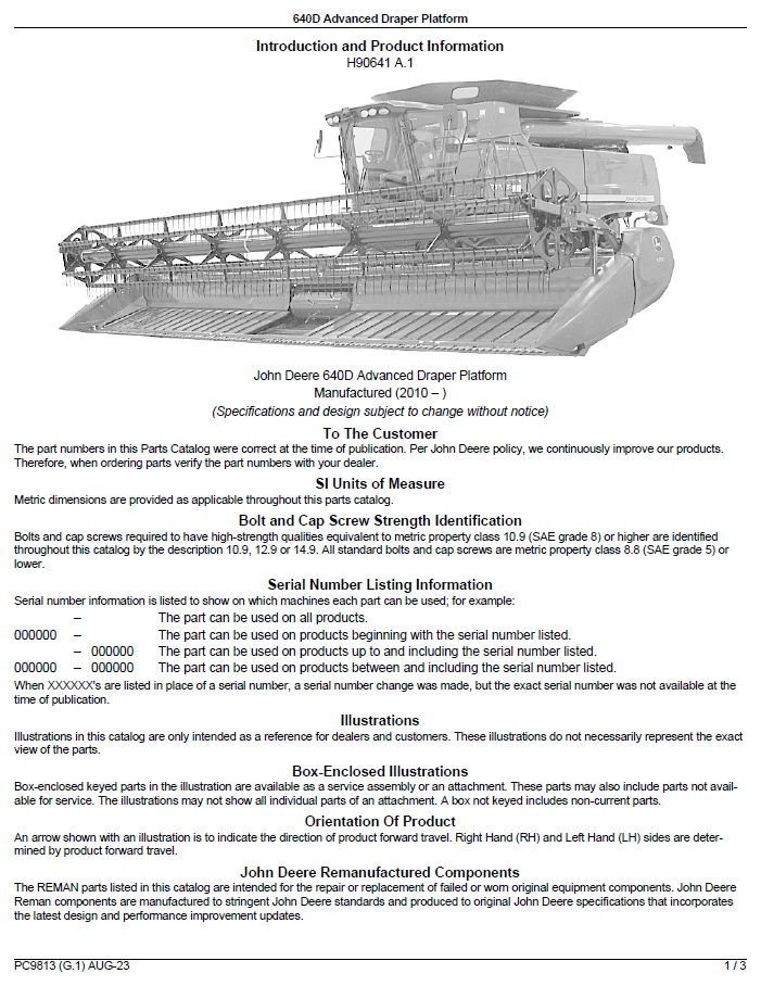 PC9813 John Deere 640D Cutting Platform Parts Manual PDF Download