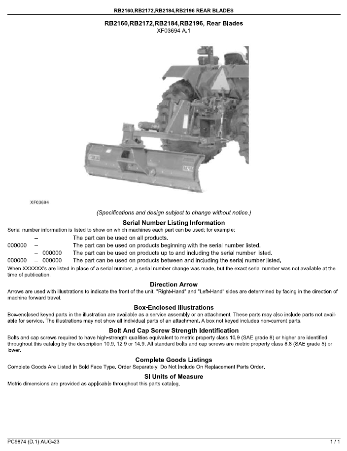 PC9874 John Deere Rear Blade Parts Catalogue Manual PDF Download
