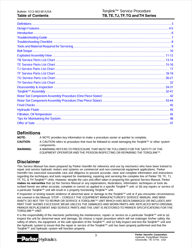 Parker TB TE TJ TF TG TH Series Hydraulic Motor Repair Manual PDF