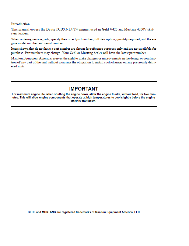 Parts Catalog Manual 50950440: Gehl V420 Skid-Steer & Deutz Engine