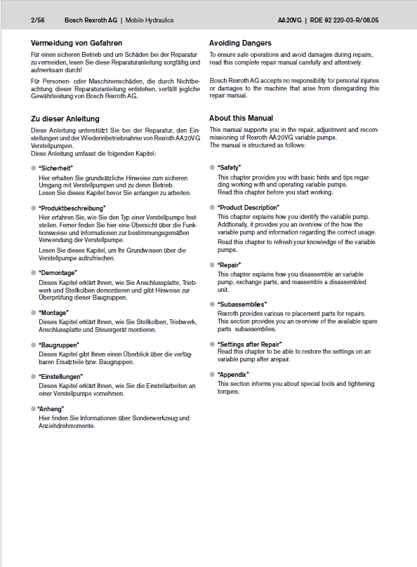 Rexroth AA20VG Combination Hydraulic Pump Service & Repair Manual for Mustang Loaders