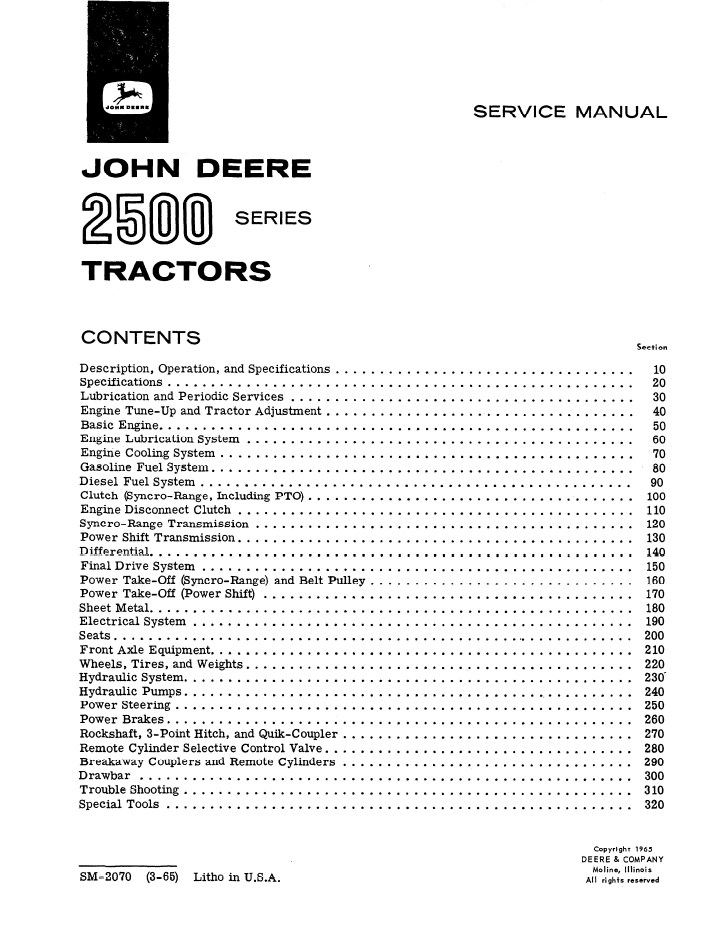 SM2070 John Deere 2500 Series Tractor Workshop & Maintenance Manual