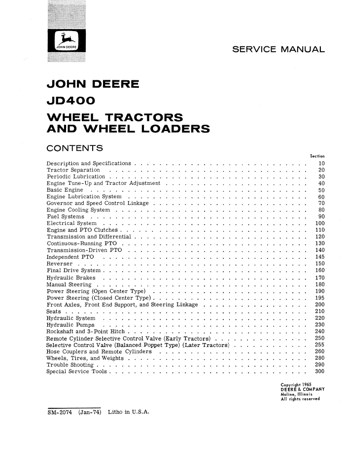 SM2074 John Deere 400 Tractor Loader Repair Manual PDF Download