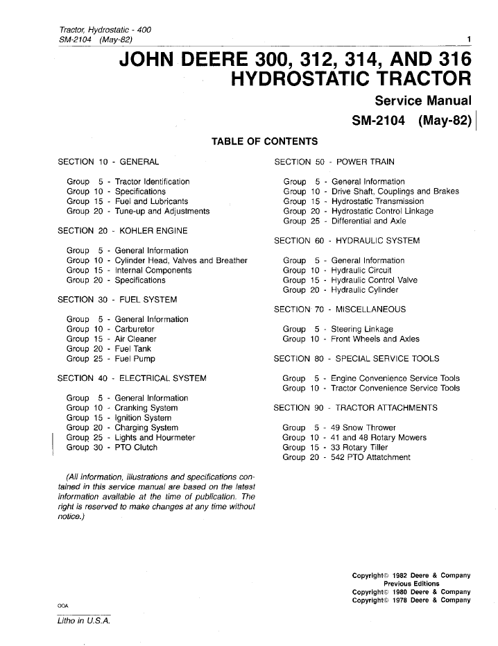 SM2104 John Deere Hydrostatic Tractor Service & Repair Manual