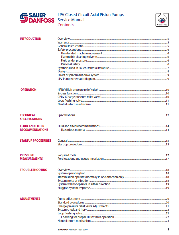 Sauer Danfoss LPV Hydraulic Pump Service Manual for Mustang Skid Steer Loader