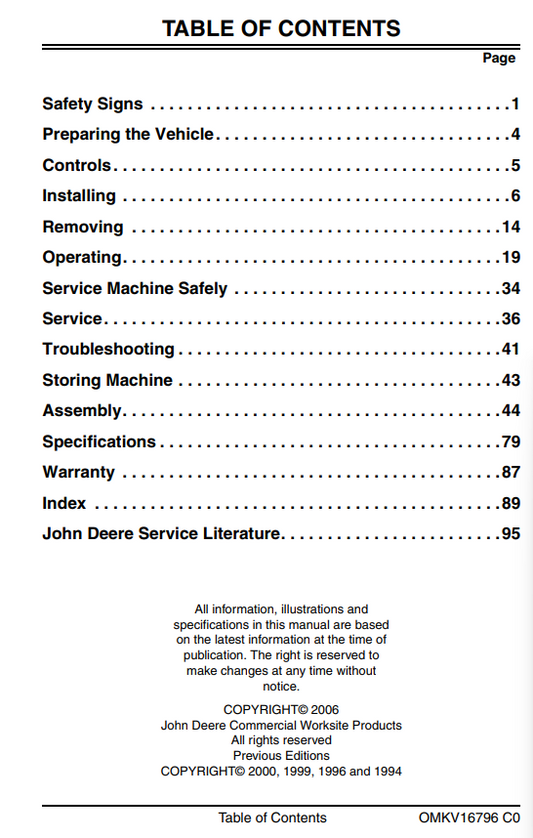 JOHN DEERE UTILITY BACKHOE PRO850, PRO900, PRO911 FOR 240, 250, 260, 270, 280 AND 4475, 5575, 6675, 7775, 8875 SKID STEER OPERATOR MANUAL OMKV16796