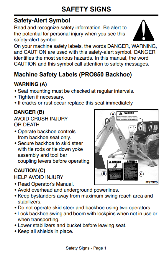 JOHN DEERE UTILITY BACKHOE PRO850, PRO900, PRO911 FOR 240, 250, 260, 270, 280 AND 4475, 5575, 6675, 7775, 8875 SKID STEER OPERATOR MANUAL OMKV16796
