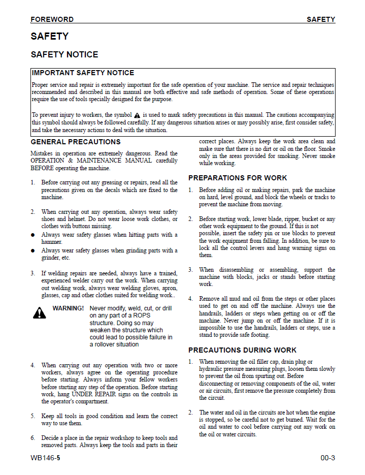 Shop Manual: Komatsu WB146-5 Backhoe Loader CEBM016503