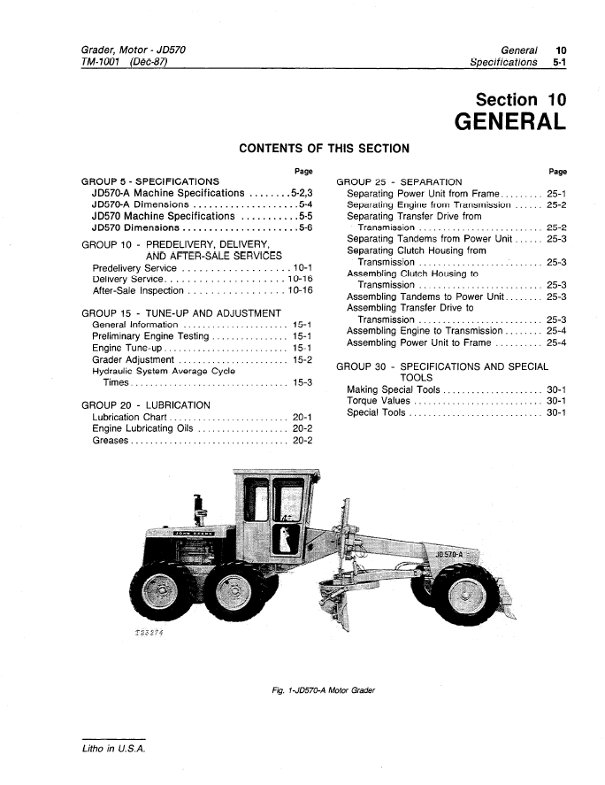 TM1001 JD570 & JD570A John Deere Motor Grader Repair Manual