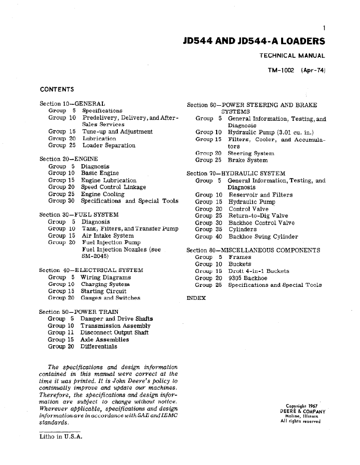 TM1002 John Deere 544/544A Wheel Loader Repair & Service Manual