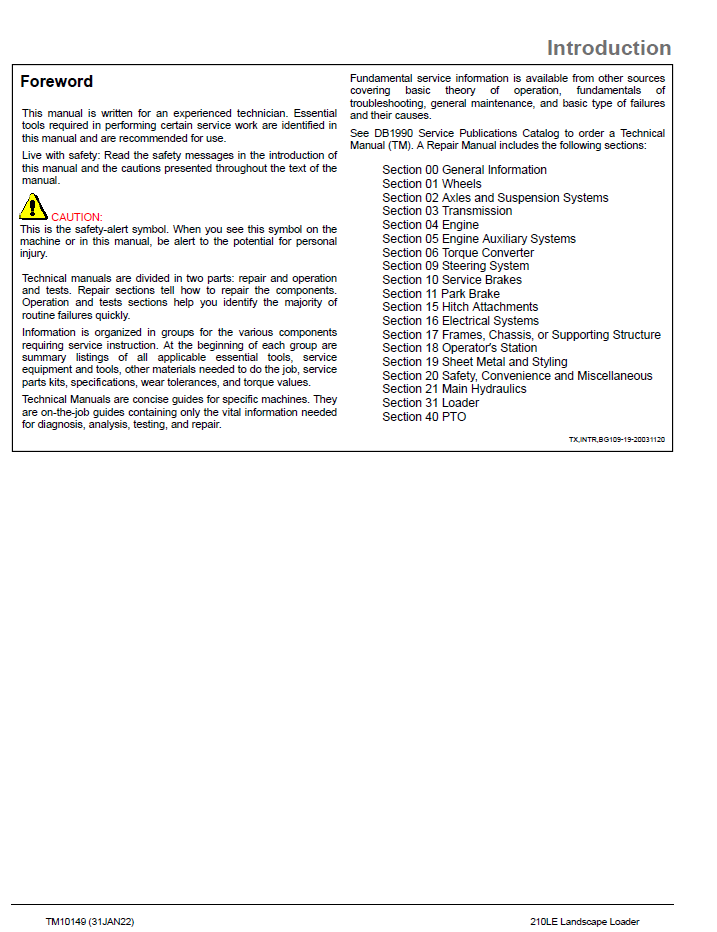 TM10149 John Deere 210LE Landscape Loader Service & Repair Manual