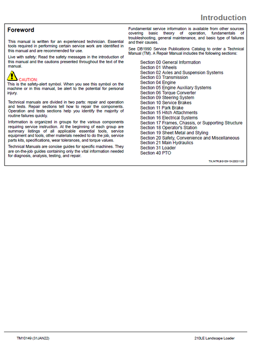 TM10149 John Deere 210LE Landscape Loader Service & Repair Manual
