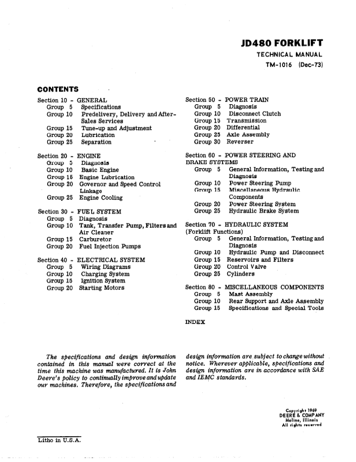 TM1016 John Deere JD480 Forklift Service & Workshop Manual