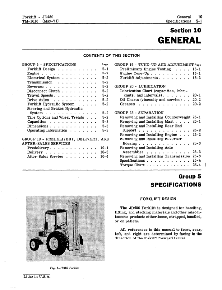 TM1016 Technical Manual for John Deere JD480 Forklift PDF Download