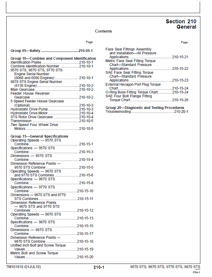 TM101819 John Deere 9000 STS Combine Technical Diagnostic Manual