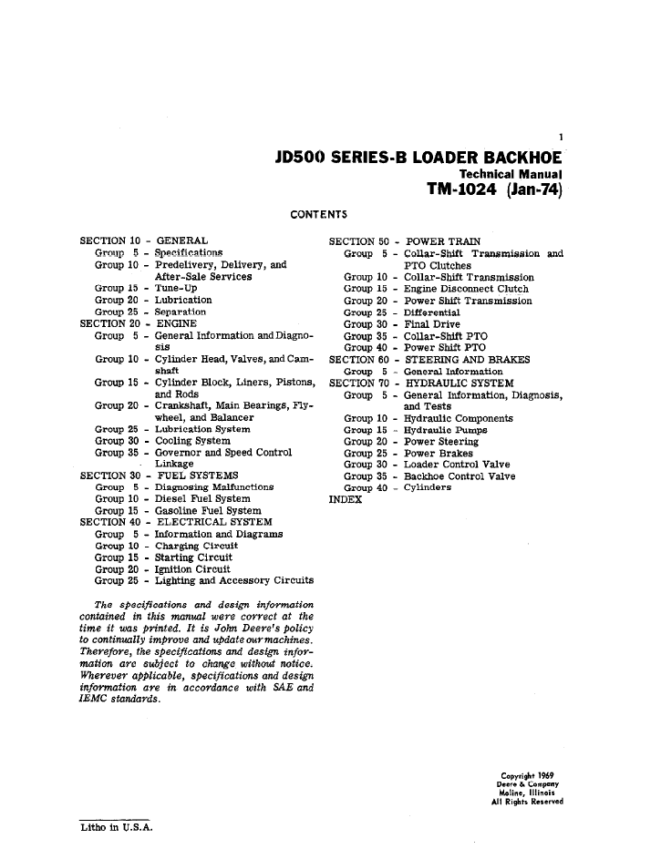 TM1024 John Deere JD500 Series-B Backhoe Loader Service & Repair Manual