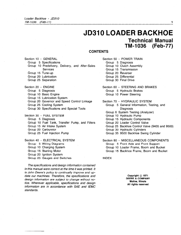TM1036 John Deere JD310 Backhoe Loader Service Technical Manual