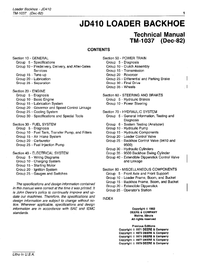 TM1037 John Deere 410 Backhoe Loader Service Repair Manual