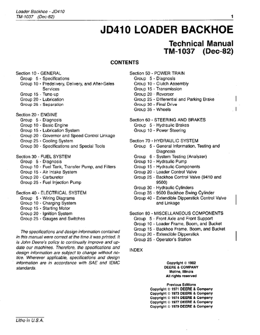 TM1037 John Deere 410 Backhoe Loader Service Repair Manual