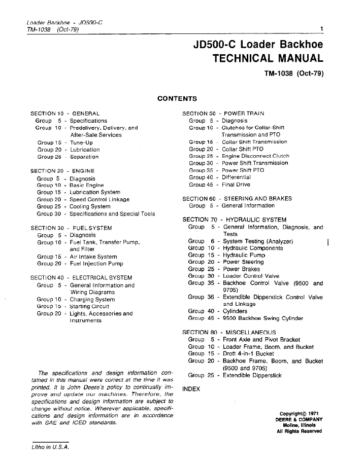 TM1038 John Deere JD500-C Backhoe Loader Repair & Service Manual