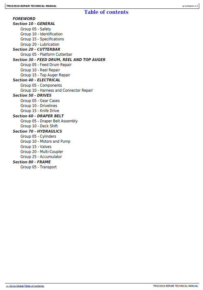 TM103919 John Deere Draper Platform Technical Service Manual PDF