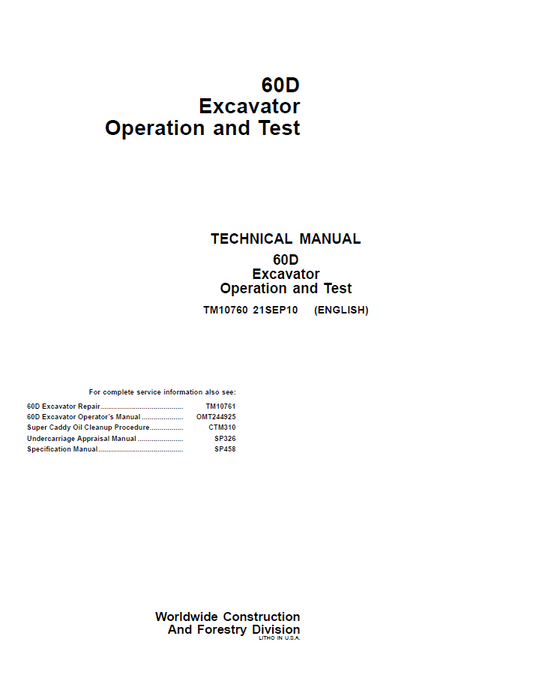 TM10760 John Deere 60D Excavator Operation & Test Technical Manual
