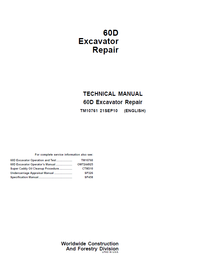 TM10761 John Deere 60D Excavator Repair Technical Manual
