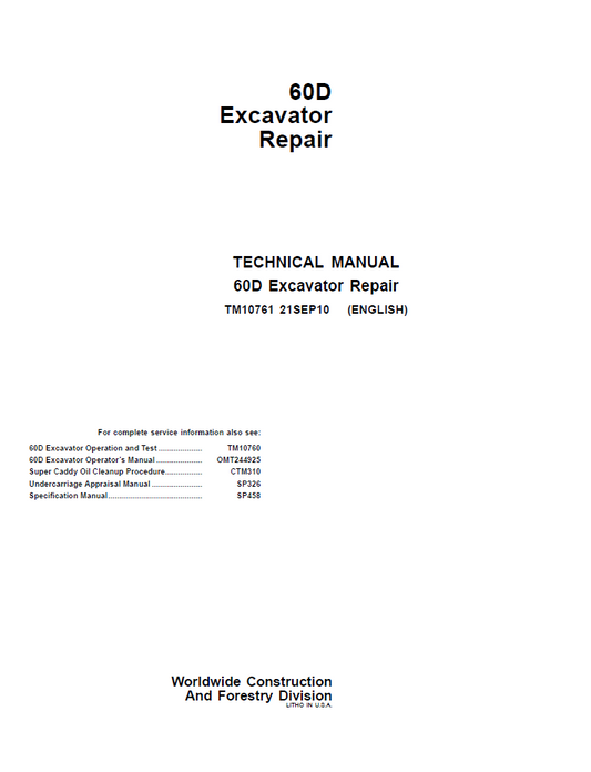 TM10761 John Deere 60D Excavator Repair Technical Manual