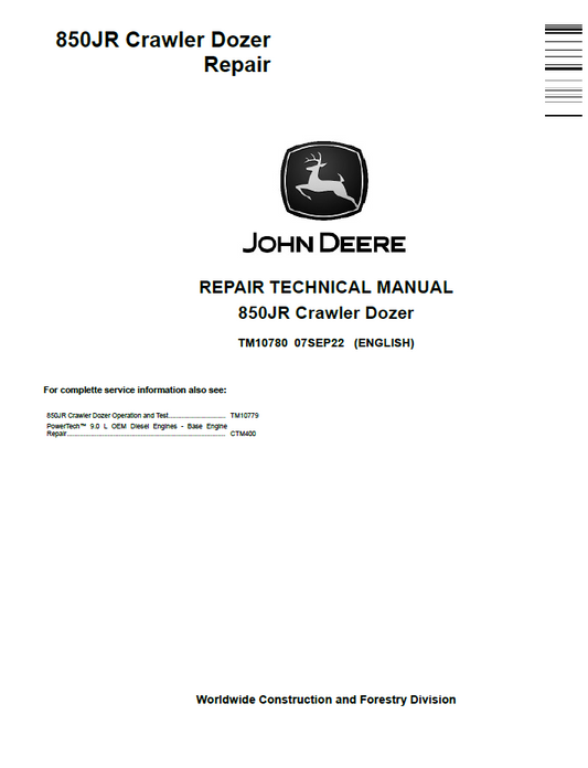 TM10780 John Deere 850JR Crawler Dozer Repair Technical Manual
