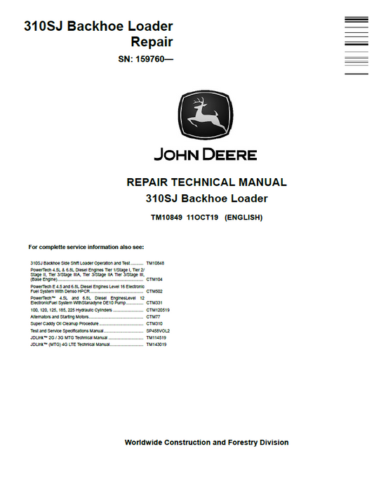 TM10849 John Deere 310SJ Backhoe Loader Repair Technical Manual