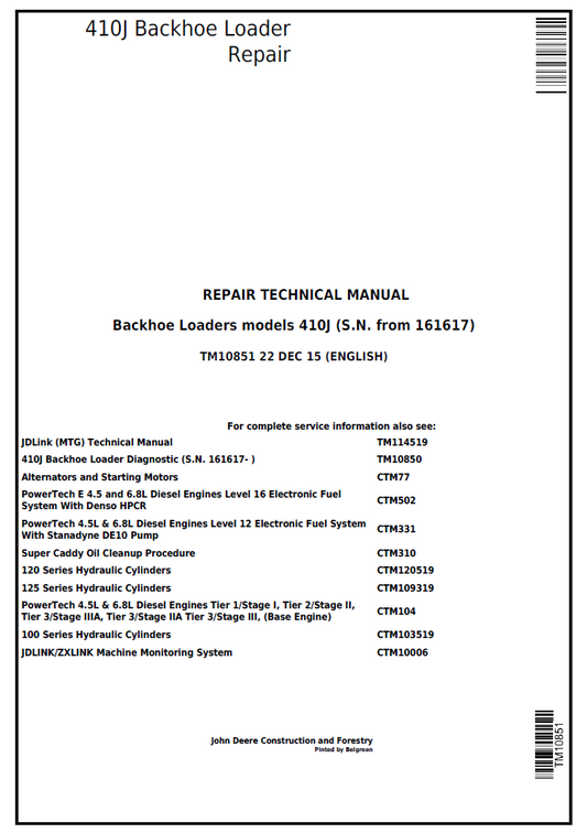 TM10851 John Deere 410J Backhoe Loader Repair Technical Manual