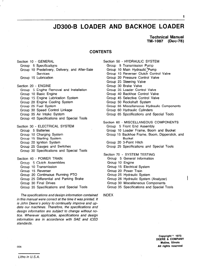TM1087 JD300-B Backhoe Loader Service and Maintenance Manual