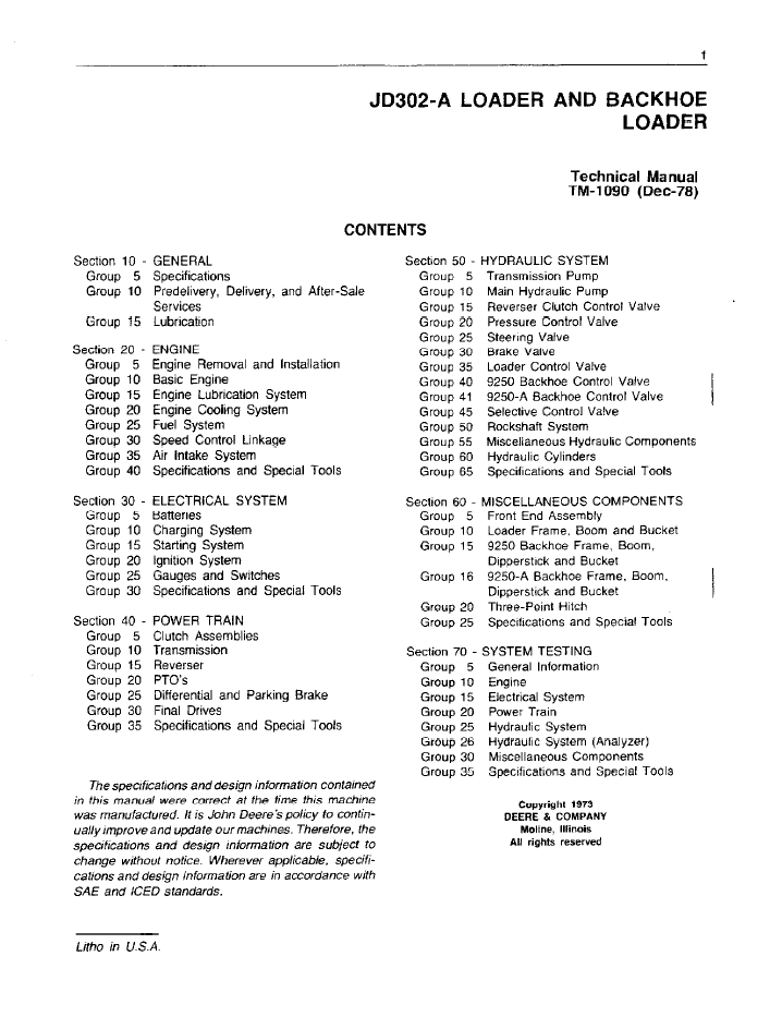 TM1090 JD302-A John Deere Backhoe Loader Service Technical Manual