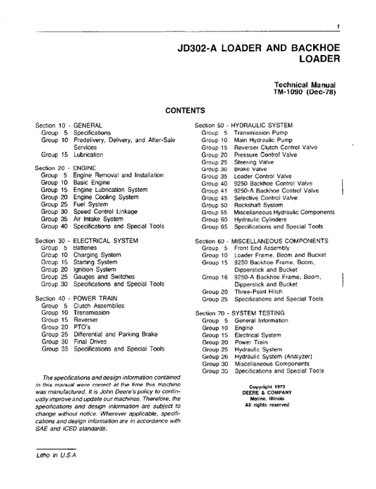TM1090 JD302-A John Deere Backhoe Loader Service Technical Manual