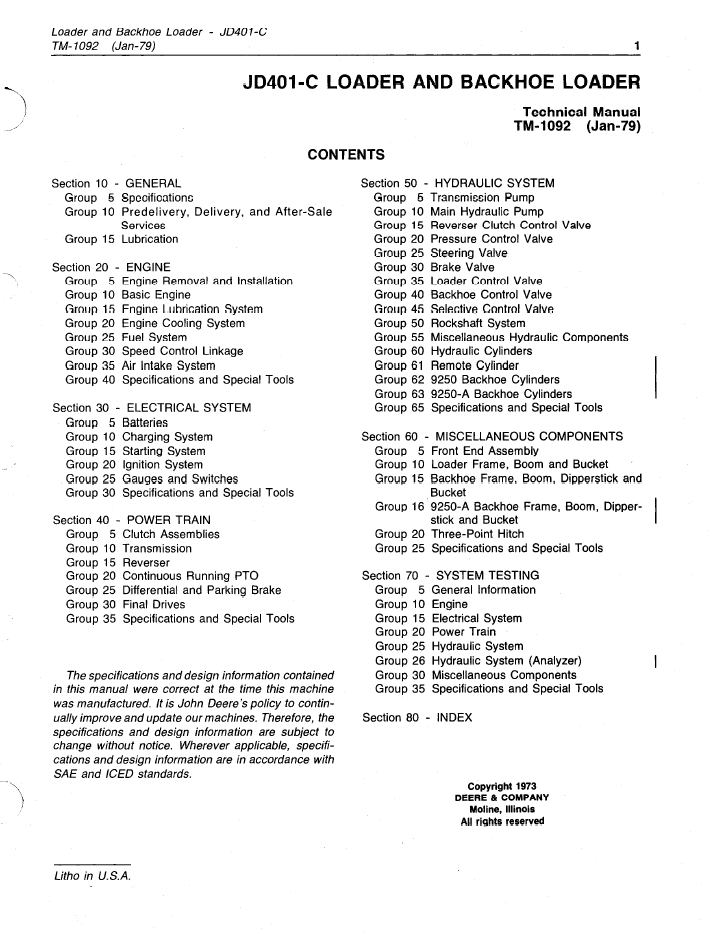 TM1092 JD401-C Backhoe Loader Service & Technical Manual
