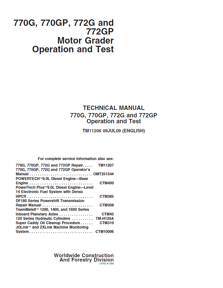 TM11206 John Deere 770G 770GP 772G 772GP Motor Grader Operation & Test Manual