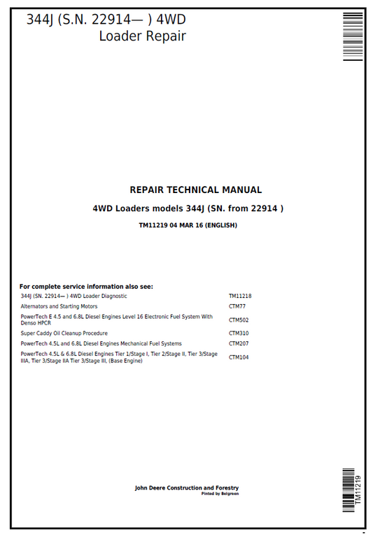 TM11219 John Deere 344J 4WD Loader Repair Technical Manual