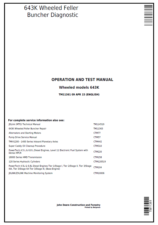 TM11361 John Deere 643K Wheeled Feller Buncher Diagnostic Test Manual
