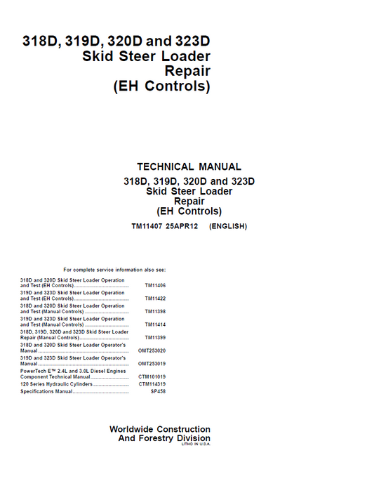 TM11407 John Deere 318D 319D 320D 323D Skid Steer Loader Repair Manual