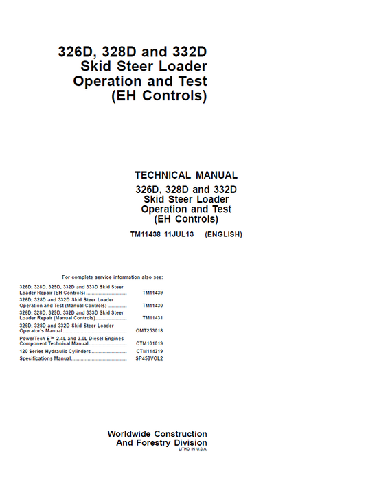 TM11438 John Deere 326D 328D 332D EH Controls Skid Steer Test Manual