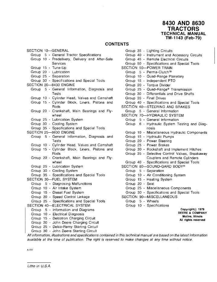 TM1143 John Deere 8430 8630 Tractor Repair Manual PDF Download