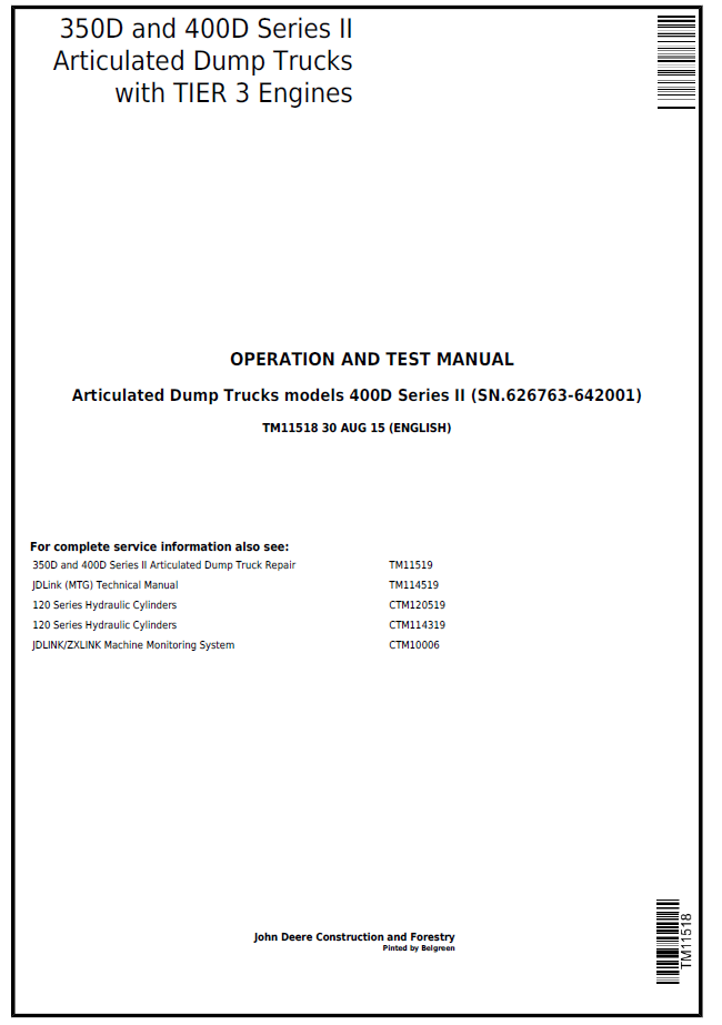 TM11518 John Deere 350D 400D Series II Articulated Dump Truck Manual