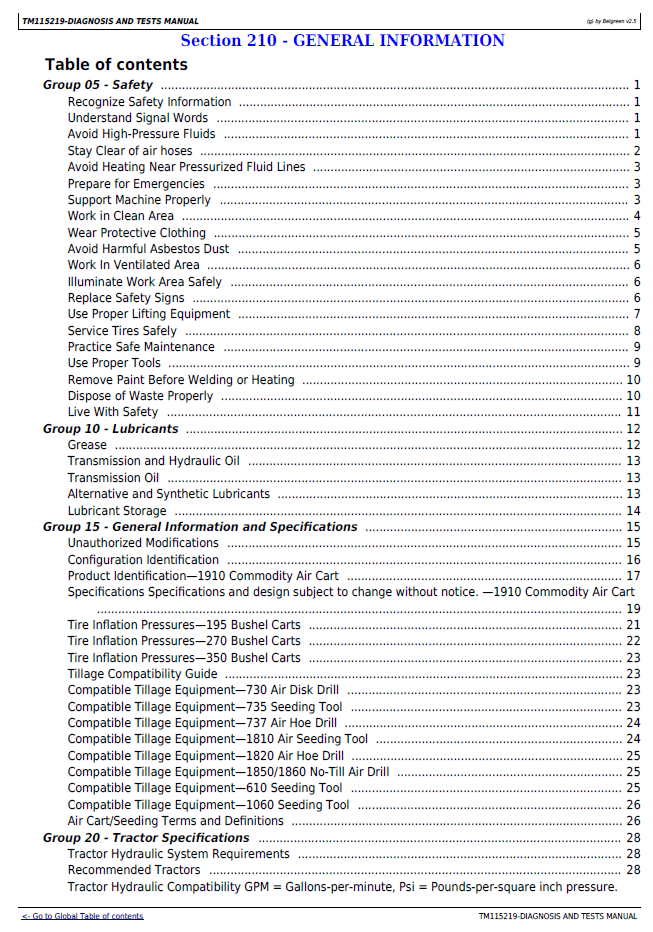 TM115219 John Deere 1910 Air Cart Technical Diagnostic Manual